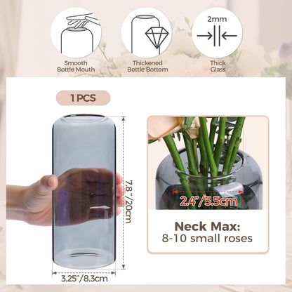 Glass Flower Vase, 8 Inch Tall Bud Vases, Home Decor Vases for Centerpiece for Living Room and Bedroom, Decorative Vases for Wedding, Valentines' Day, Mother'S Day (Grey)