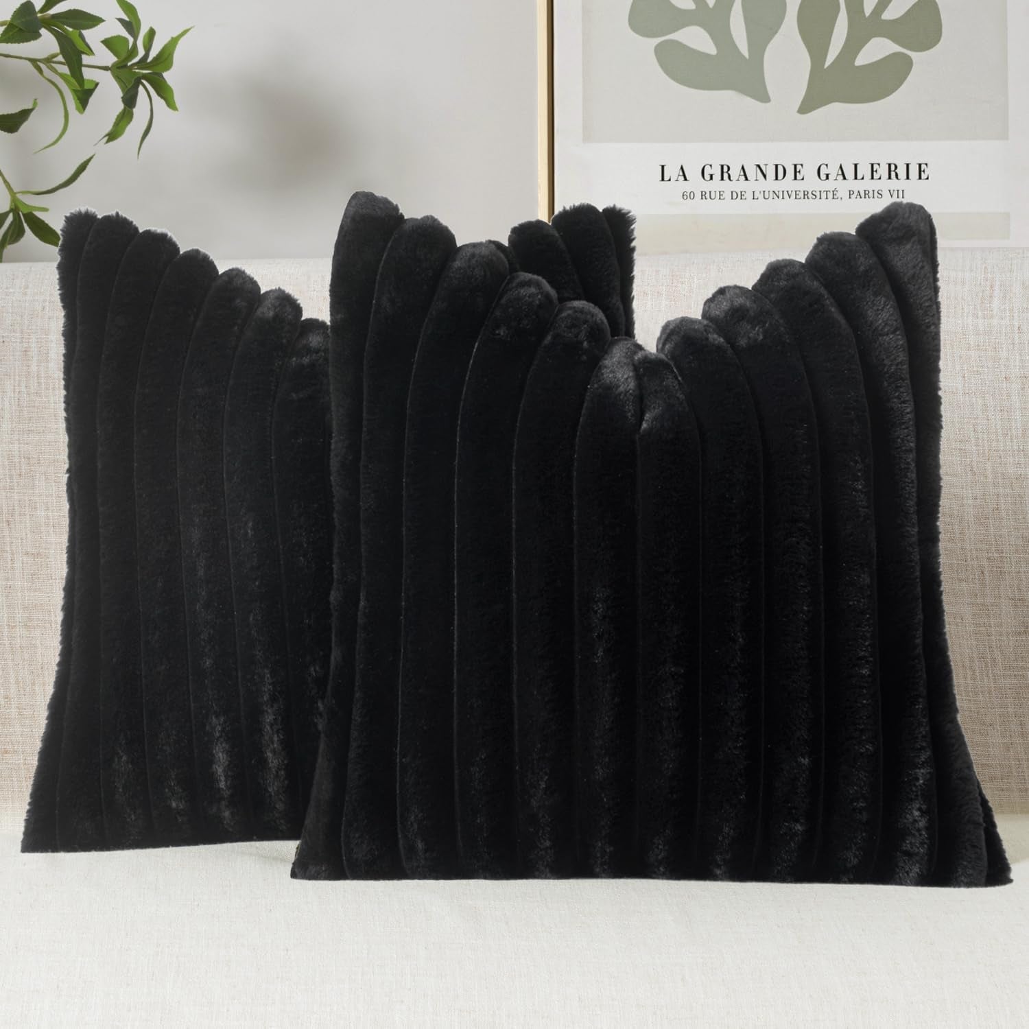 Faux Fur Decorative Throw Pillow Covers 18X18 Inch Set of 2, French Modern Art Home Decor Soft Plush Couch Pillows Cozy Fluffy Cushion Covers for Sofa Bed Black