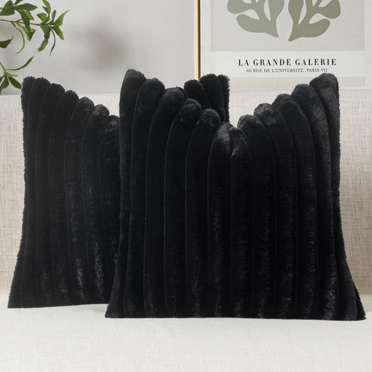 Faux Fur Decorative Throw Pillow Covers 18X18 Inch Set of 2, French Modern Art Home Decor Soft Plush Couch Pillows Cozy Fluffy Cushion Covers for Sofa Bed Black
