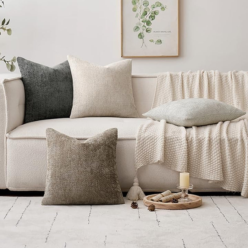 Set of 4 18x18 Inch Neutral Chenille Throw Pillow Covers - Soft Decorative Cushion Covers for Farmhouse Boho and Mid-Century Modern Home Decor in Sofa, Bedroom, and Living Room