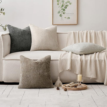 Set of 4 18x18 Inch Neutral Chenille Throw Pillow Covers - Soft Decorative Cushion Covers for Farmhouse Boho and Mid-Century Modern Home Decor in Sofa, Bedroom, and Living Room