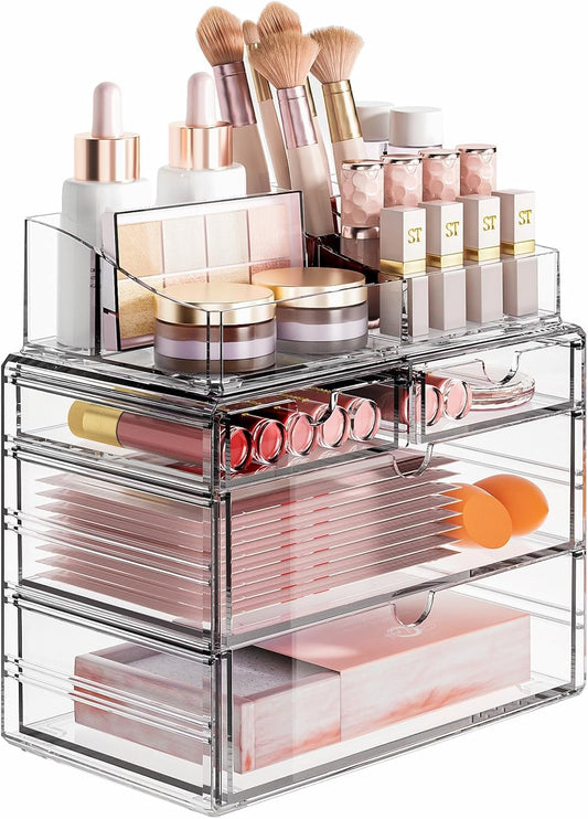 4-Tier Clear Makeup Organizer with Drawer - Stackable Acrylic Cosmetic Storage for Bathroom Vanity & Dresser Countertop, Make up & Jewelry Storage, Beauty Holder for Lipstick Brush Skincare