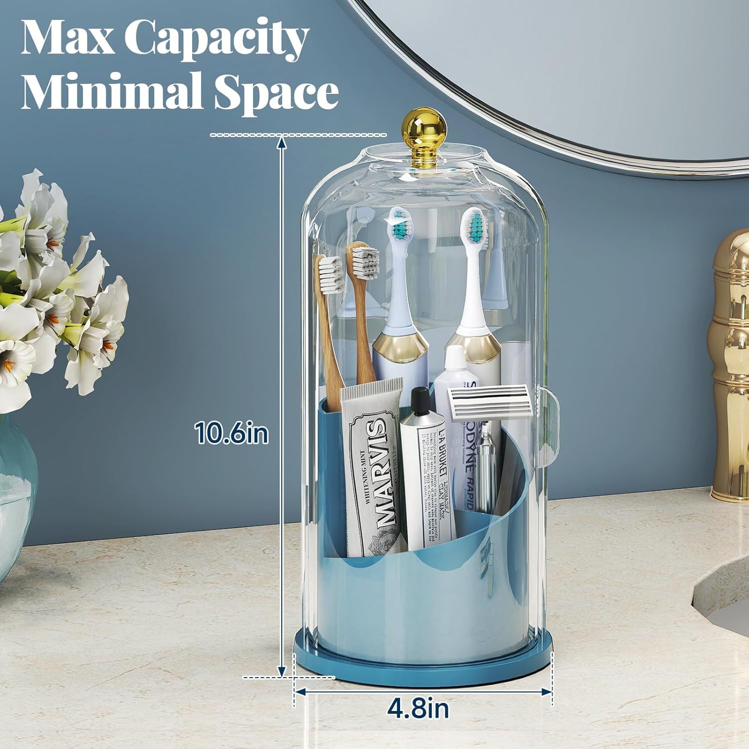 Toothbrush Holders with 360° Smooth Rotating Base, 3 Slots Bathroom Organizer Countertop with Sliding Lid, Brush Toothpaste Holder Makeup Brush Organizer for Vanity, Blue