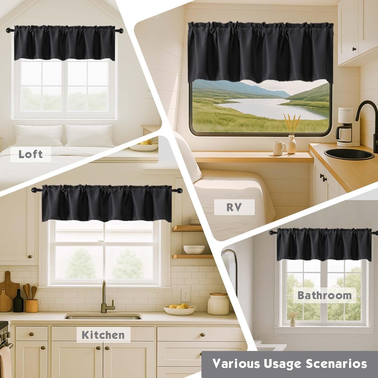 Black Valances for Window, Room Darkening Short Curtains for Kitchen Bedroom Living Room, Rod Pocket Top Small Window Treatment Valance RV Bunk Panels, 40" Wx14 L, 2 Pieces