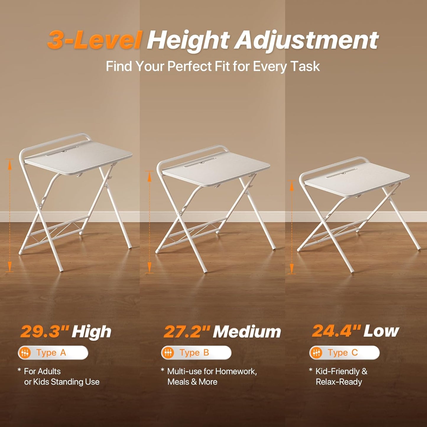 Folding Desk with Adjustable Height and Tablet Slot, 24-Inch Space-Saving Computer Desk for Home Office, Bedroom, and Study, White