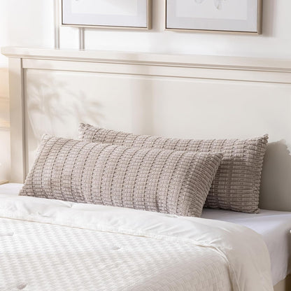 Taupe Long Lumbar Decorative Throw Pillow Covers 14X36 Inch for Bed Couch Bed Sofa, Rustic Farmhouse Boho Room Decor, Soft Striped Corduroy Rectangle Cushion Case 35X91 Cm
