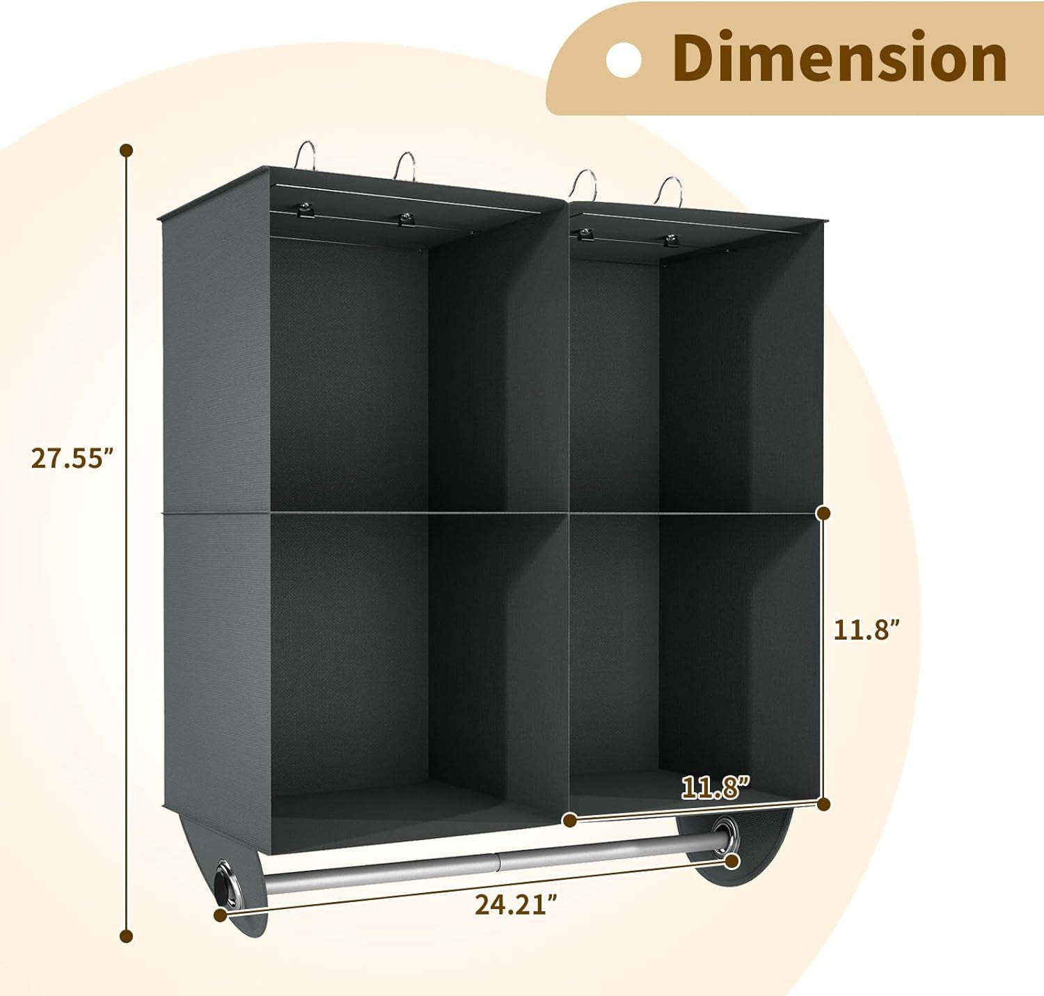 4-Section Hanging Closet Organizer and Storage, Heavy Duty Hanging Shelves with Rod, Closet Storage for College Dorms, RV, Dark Grey