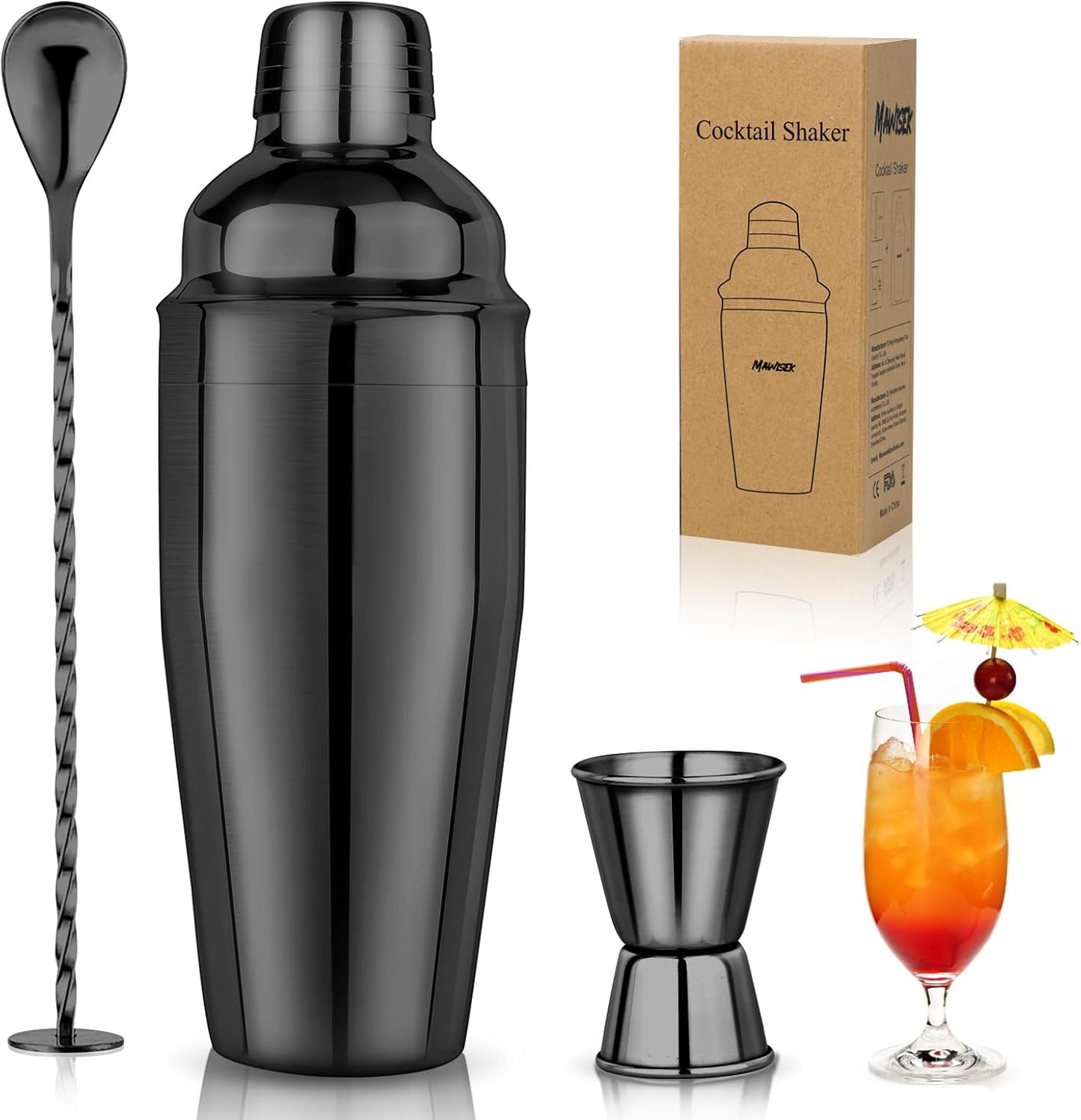 25 oz Professional Cocktail Shaker Set - 18/8 Stainless Steel Bartending Tools for Martini and Margarita Mixing with Measuring Jigger and Spoon (Black)