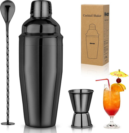 25 oz Professional Cocktail Shaker Set - 18/8 Stainless Steel Bartending Tools for Martini and Margarita Mixing with Measuring Jigger and Spoon (Black)