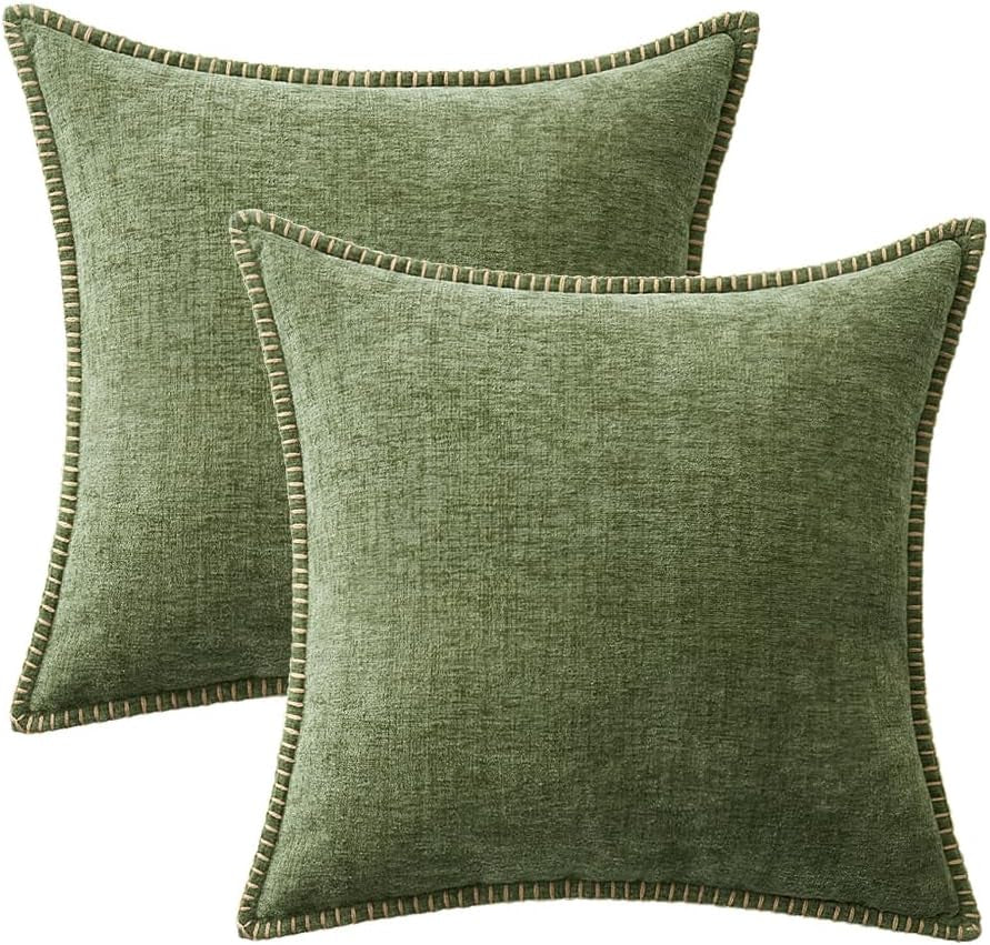 Pack of 2 Fall Couch Throw Pillow Covers 18X18 Inch Sage Green Farmhouse Decorative Pillow Covers with Stitched Edge Soft Chenille Solid Dyed Spring Pillow Covers for Sofa Bed Living Room