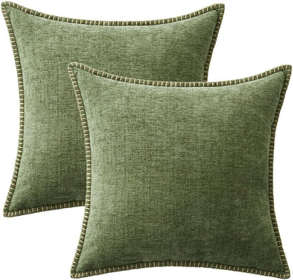 Pack of 2 Fall Couch Throw Pillow Covers 18X18 Inch Sage Green Farmhouse Decorative Pillow Covers with Stitched Edge Soft Chenille Solid Dyed Spring Pillow Covers for Sofa Bed Living Room