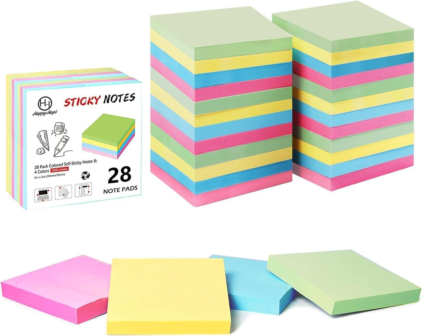 Sticky Notes 3X3 Inches Bulk 28 Pack 2800 Sheets Colored Self-Stick Pads, 100 Sheets/Pad, 4 Bright Colors (Yellow, Green, Pink, Blue) for Office Supplies, School, Home