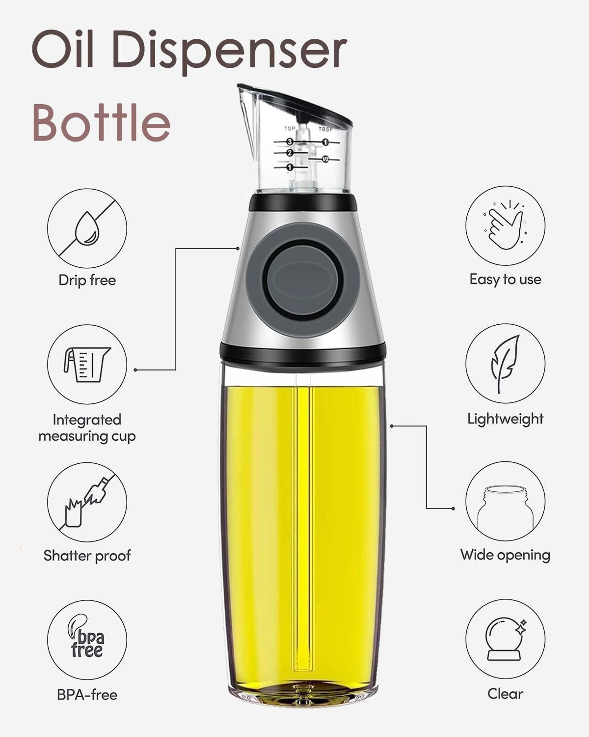 Oil Dispenser Bottle, 17Oz Olive Oil Dispenser Oil Sprayer, Clear Glass Refillable Oil and Vinegar Dispenser Bottle with Measuring Scale Pump for Kitchen, Cooking, Salads, Baking Frying