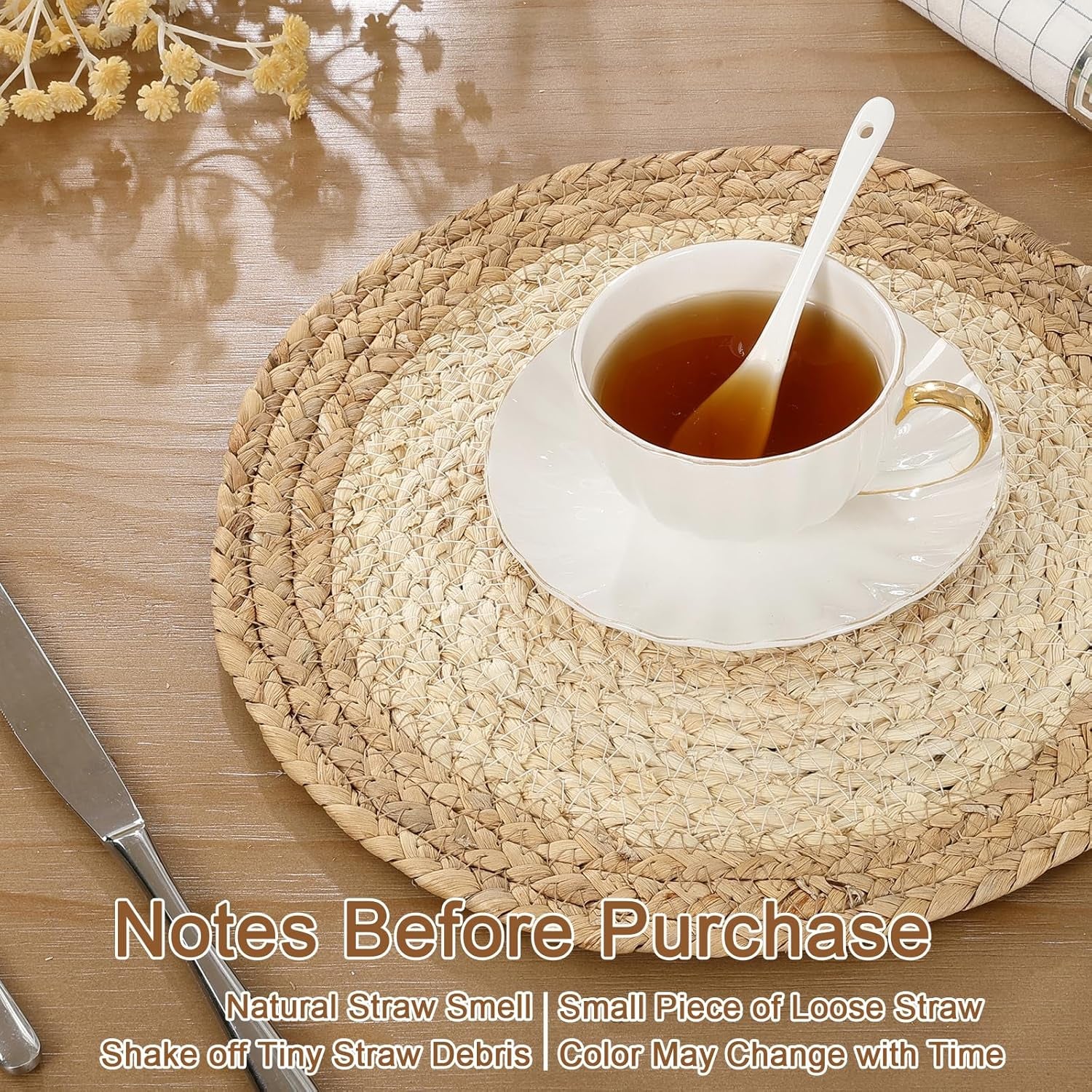 12 Inch Natural Corn Husk Water Hyacinth Woven Braided round Placemats Set of 4 Boho Place Mats Straw Rattan Wicker Table Centerpiece Mats Plate Chargers for Home Party Table Decoration