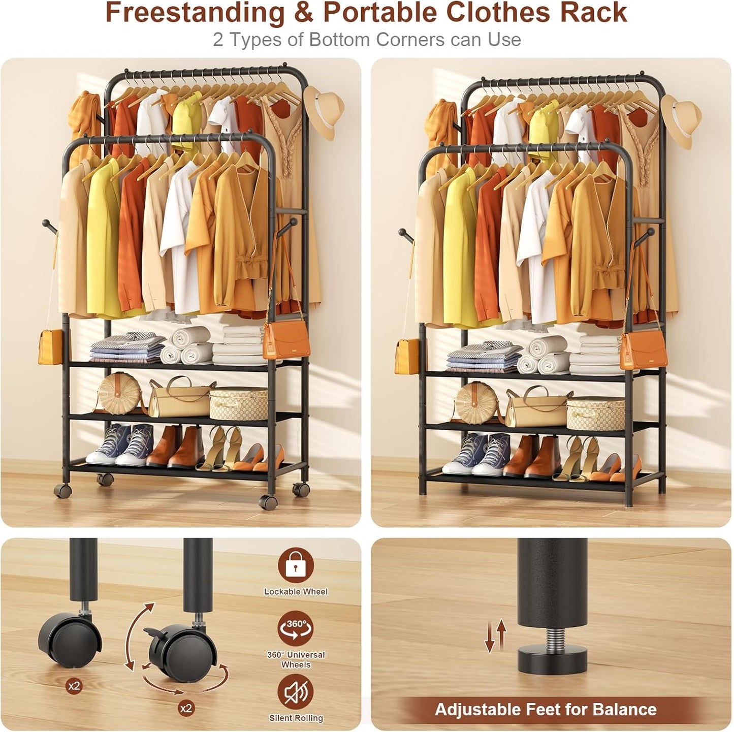 Clothes Racks for Hanging Clothes, Portable Rolling Garment Rack, Sturdy Metal Freestanding Cloths Racks with Wheels, Double Rods Wardrobe Rack for Bedroom Laundry Living Room
