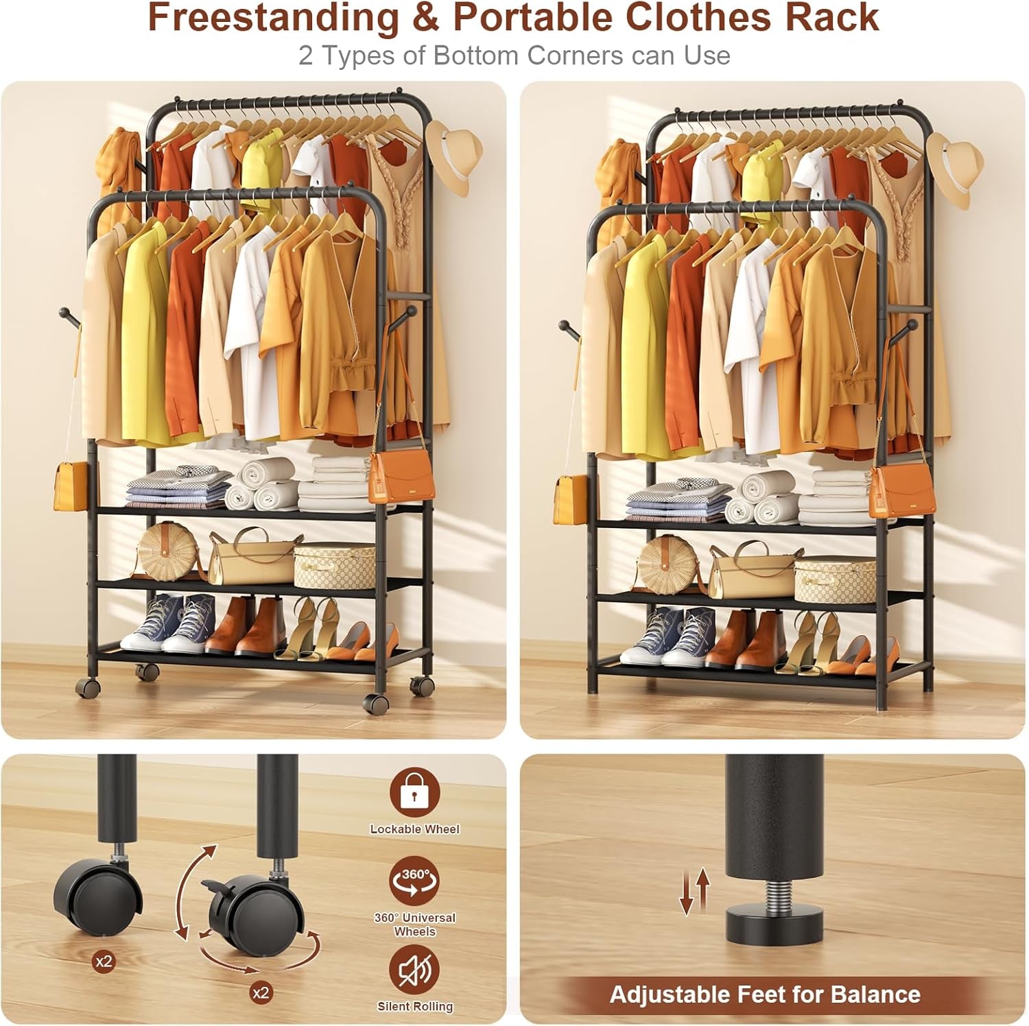 Clothes Racks for Hanging Clothes, Portable Rolling Garment Rack, Sturdy Metal Freestanding Cloths Racks with Wheels, Double Rods Wardrobe Rack for Bedroom Laundry Living Room