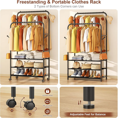 Clothes Racks for Hanging Clothes, Portable Rolling Garment Rack, Sturdy Metal Freestanding Cloths Racks with Wheels, Double Rods Wardrobe Rack for Bedroom Laundry Living Room