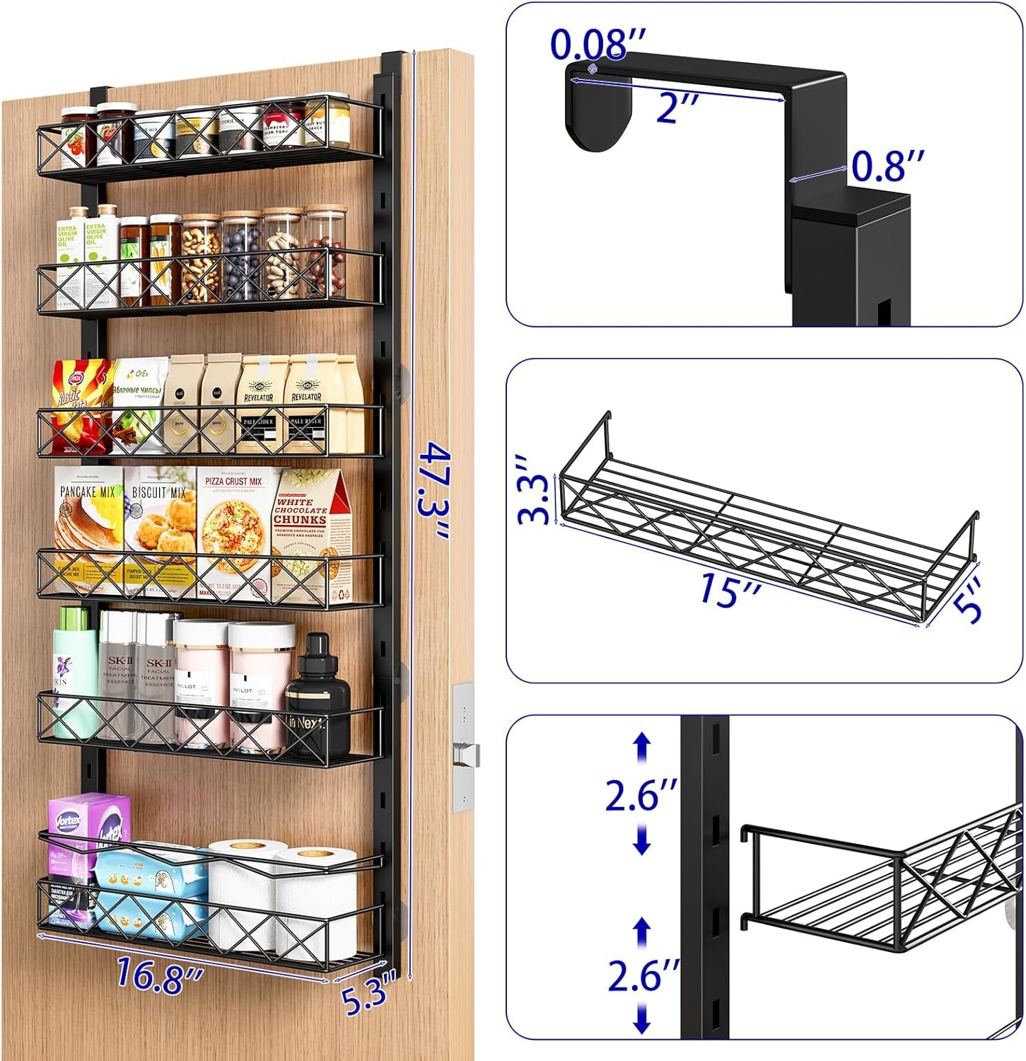 over the Door Organizer, Black 6-Tier Pantry Door Organizer with Adjustable Basket, Hanging Spice Rack Cabinet Door Shelves, Laundry Room Organization and Storage