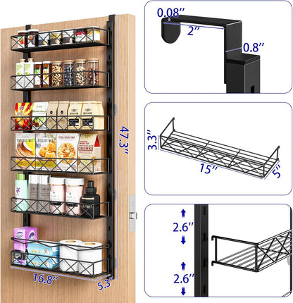 over the Door Organizer, Black 6-Tier Pantry Door Organizer with Adjustable Basket, Hanging Spice Rack Cabinet Door Shelves, Laundry Room Organization and Storage