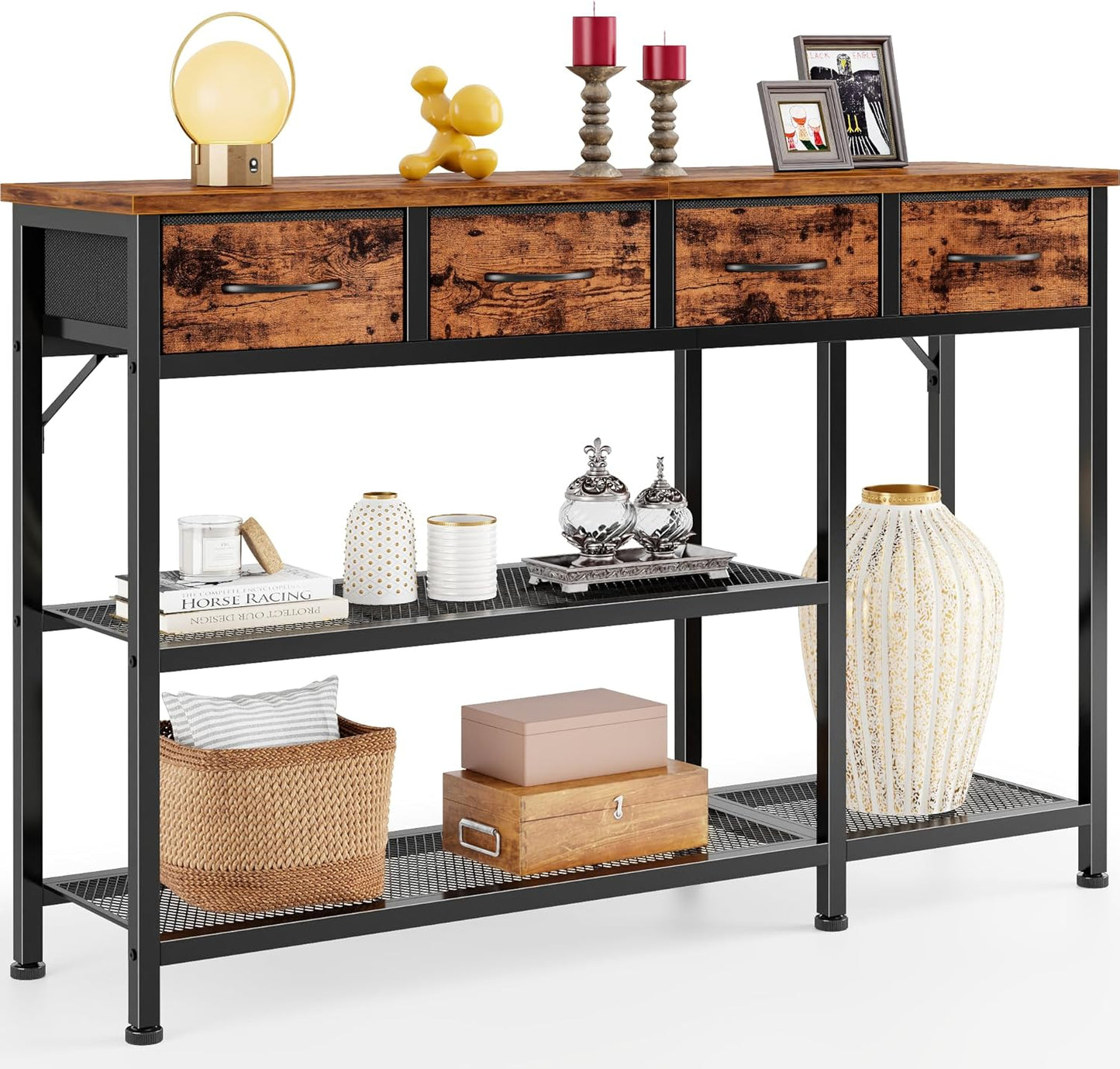 47-Inch Industrial Entryway Console Table with Four Fabric Drawers and Metal Mesh Shelf, Rustic Brown Wooden Top and Sturdy Metal Frame