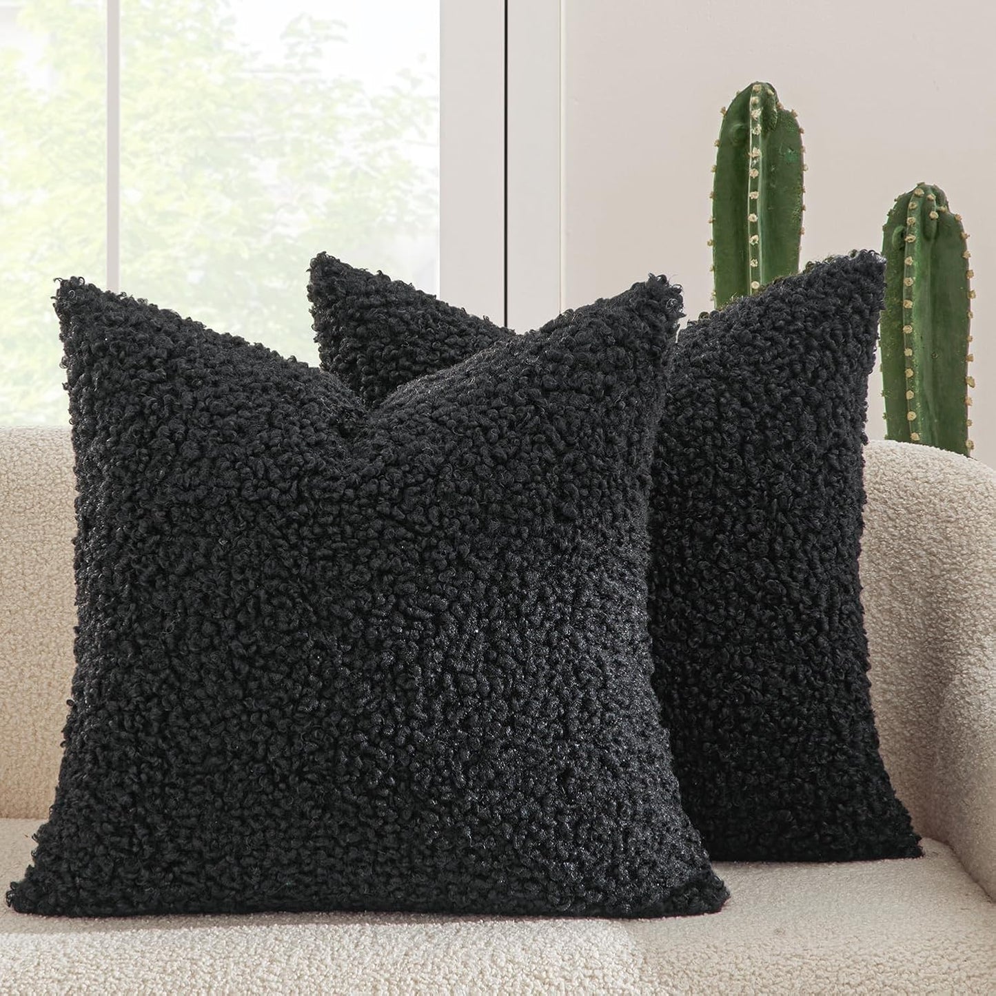 Pack of 2 Throw Pillow Covers 18X18 Inch Neutral Black Faux Fur Decorative Sherpa Pillow Covers Fuzzy Accent Soft Sheepskin Fleece Cushion Cases for Boho Home Decor Couch Living Room Bed