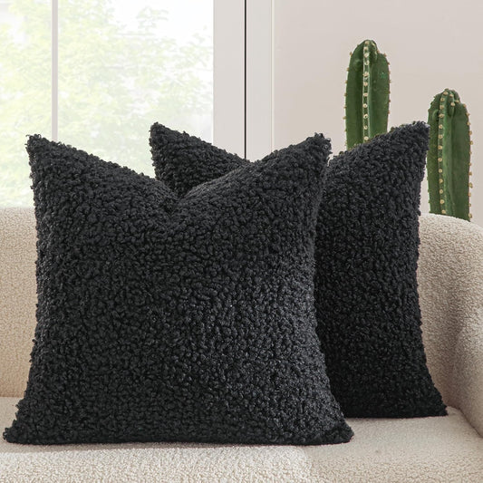Pack of 2 Throw Pillow Covers 18X18 Inch Neutral Black Faux Fur Decorative Sherpa Pillow Covers Fuzzy Accent Soft Sheepskin Fleece Cushion Cases for Boho Home Decor Couch Living Room Bed