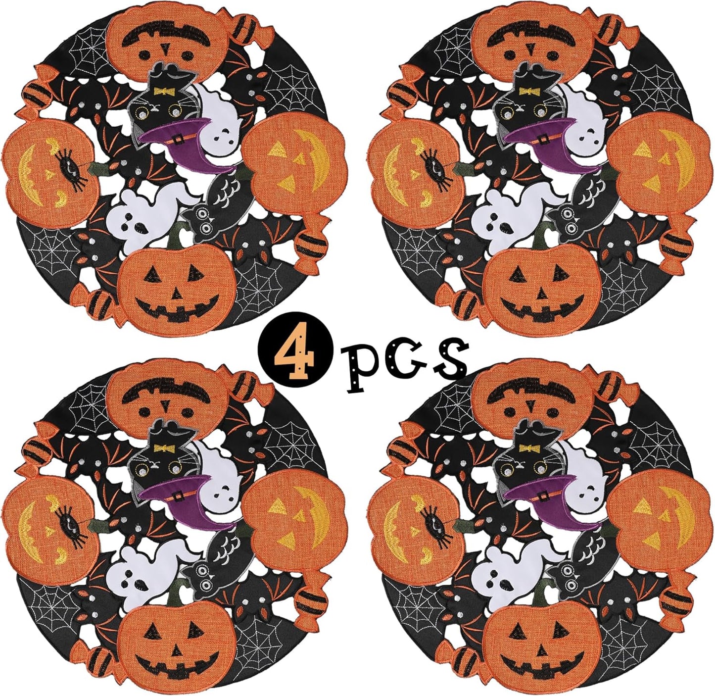Halloween Placemats Set of 4, Embroidered Black round Placemats 15 Inches, Thanksgiving Fall Pumpkins Table Decorations for Kitchen & Dining Room, Gnomes Table Mats