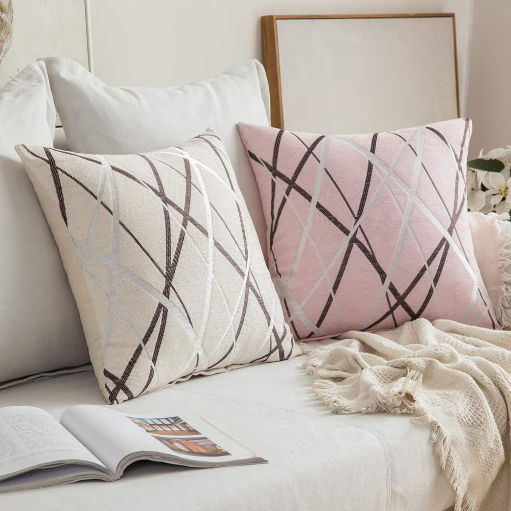 Pack of 2 Decorative Throw Pillow Covers Cute Woven Textured Chenille Cozy Modern Concise Soft Beige Square Cushion Shams for Bedroom Sofa Car 18 X 18 Inch