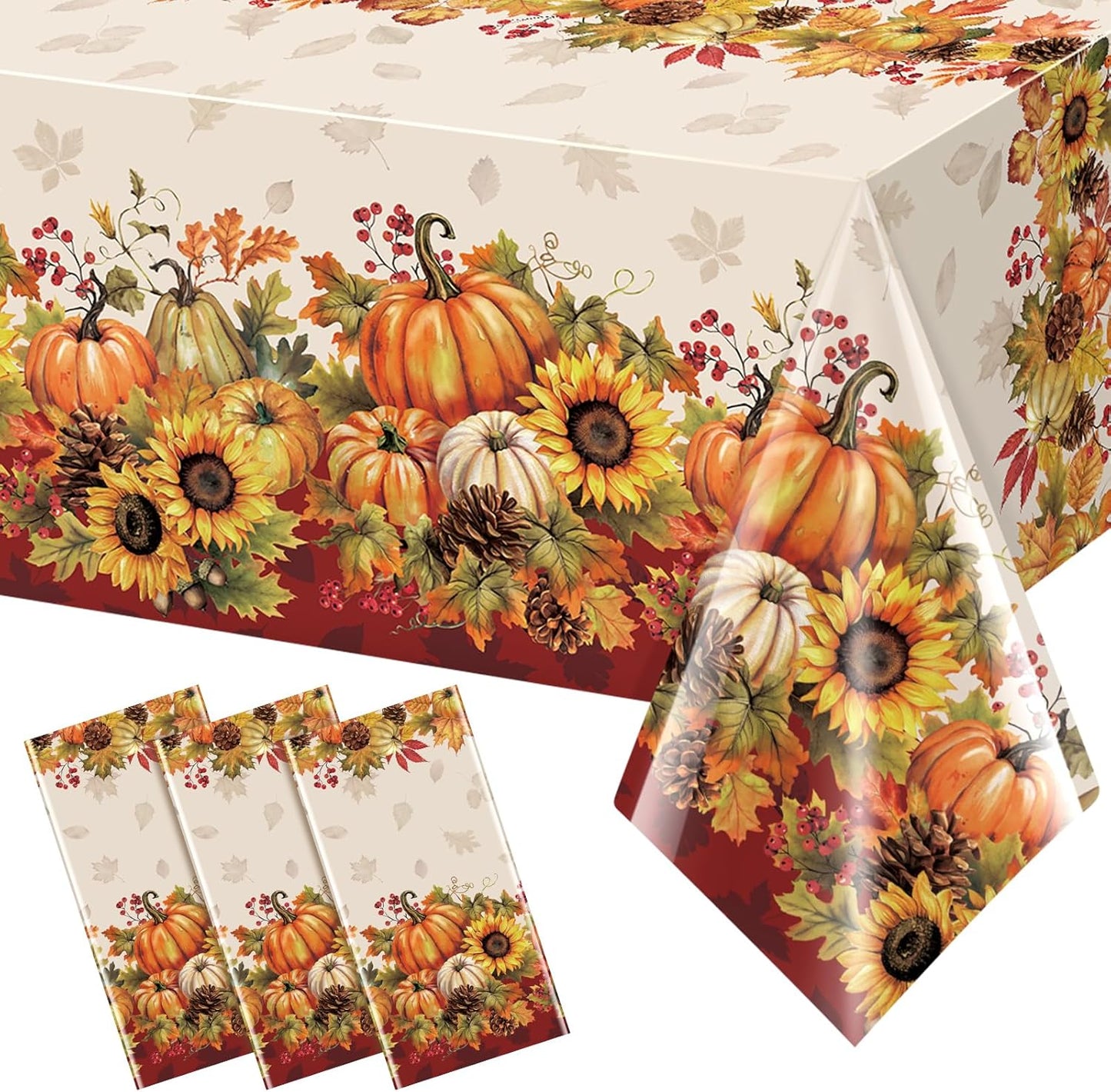 3 Pack 108X54 Inch Fall Tablecloths, Sunflower Pumpkin Tablecloth,Plastic Disposable Rectangle Table Cover for Autumn Harvest Thanksgiving Halloween Party Decorations