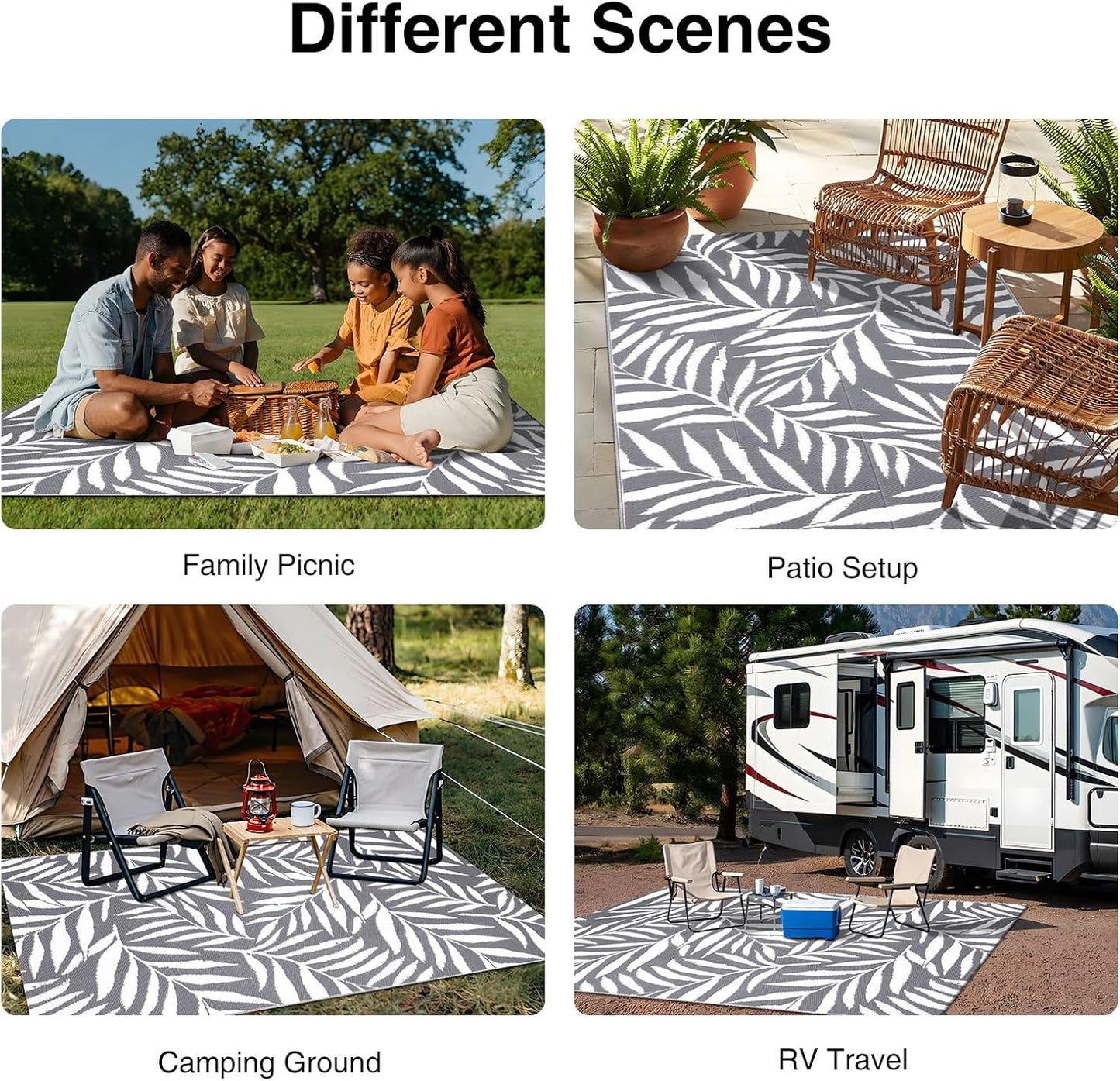 Waterproof Outdoor Rug 5X8 Ft, Reversible Outdoor Plastic Straw Rug with Leaf Pattern, RV Mat, Indoor Outdoor Carpet for Patio, Camping, Balcony, Deck, Backyard, Grey & White