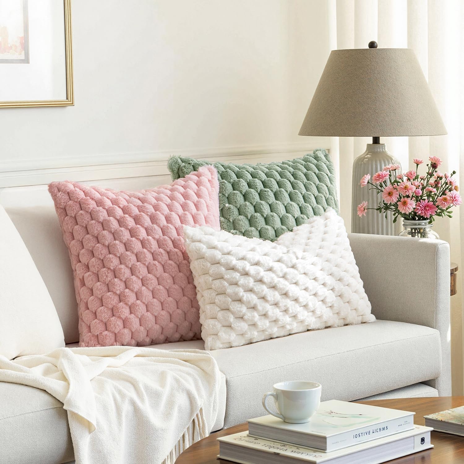 Pink Faux Fur Decorative Throw Pillow Covers 18X18 Inch Set of 2 Super Soft Cozy Plush Cushion Cases Luxury Fluffy Pillowcases for Sofa Couch Bed Living Room