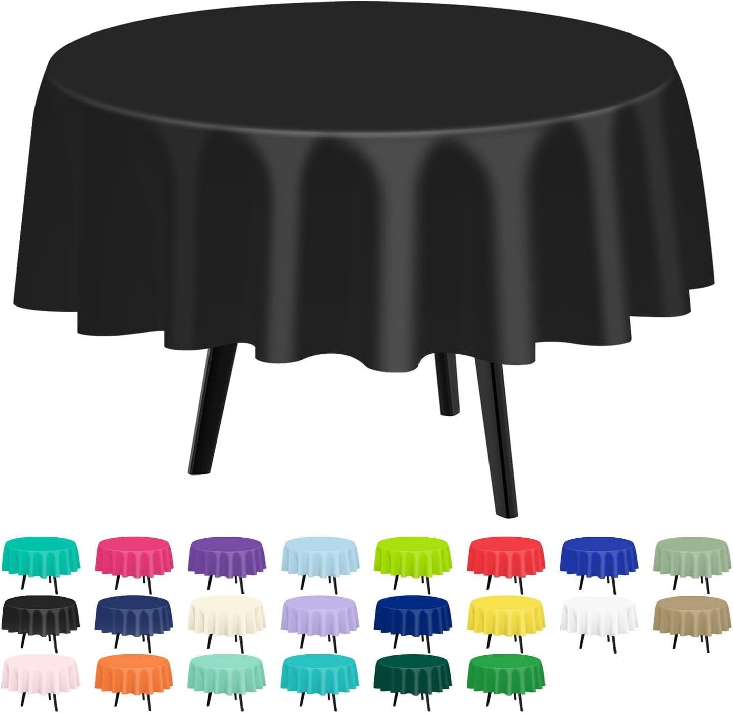 Black round Tablecloth 2 Pack, 84 Inch Plastic Table Cover Disposable for Parties