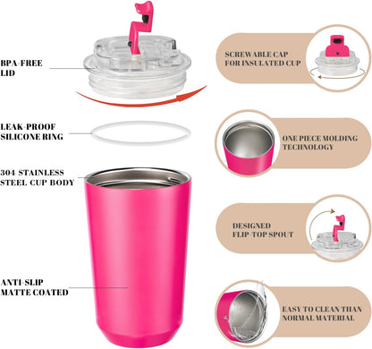 Insulated Tumblers with Lid, 14 Oz Travel Coffee Mug Stainless Steel Vacuum Cup, Leak Proof Reusable Double Walled Coffee Tumbler for Iced and Hot Drinks, Fuchsia