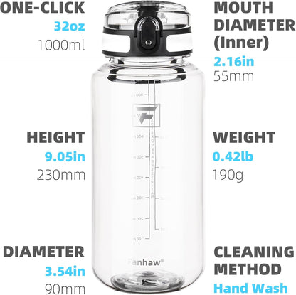 32 Oz Clear Tritan Water Bottle with Chug Lid, Bpa-Free, Wide Mouth, Leak Proof - for Gym, Travel, Home, School, Office (Clear&White)