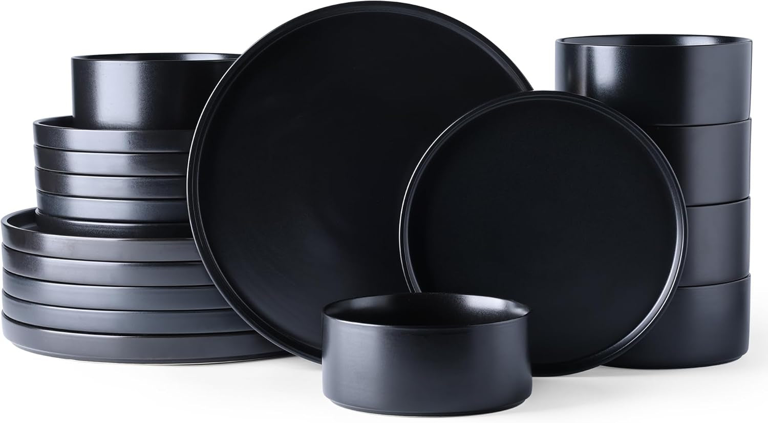 Matte Black Stoneware Dinnerware Set for 6 - Chip and Scratch Resistant, Dishwasher, Microwave, and Oven Safe with Reactive Glaze