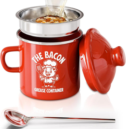 Mini Bacon Grease Saver with Strainer - 15OZ Enamel Grease Container, Farmhouse Bacon Grease Keeper for Kitchen Fat Storage, Dishwasher Safe-Red