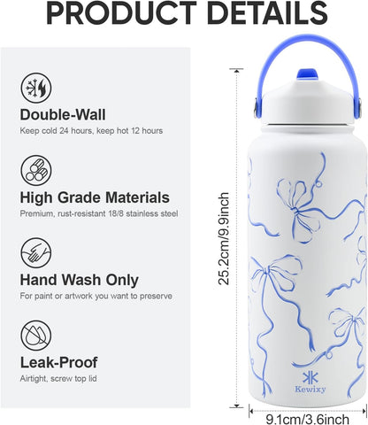 32 Oz Stainless Steel Insulated Water Bottle with Flip Straw and Handle, Leak-Proof, Reusable, Wide Mouth Design for Travel, Gym, and School (Breeze Blue Bow)