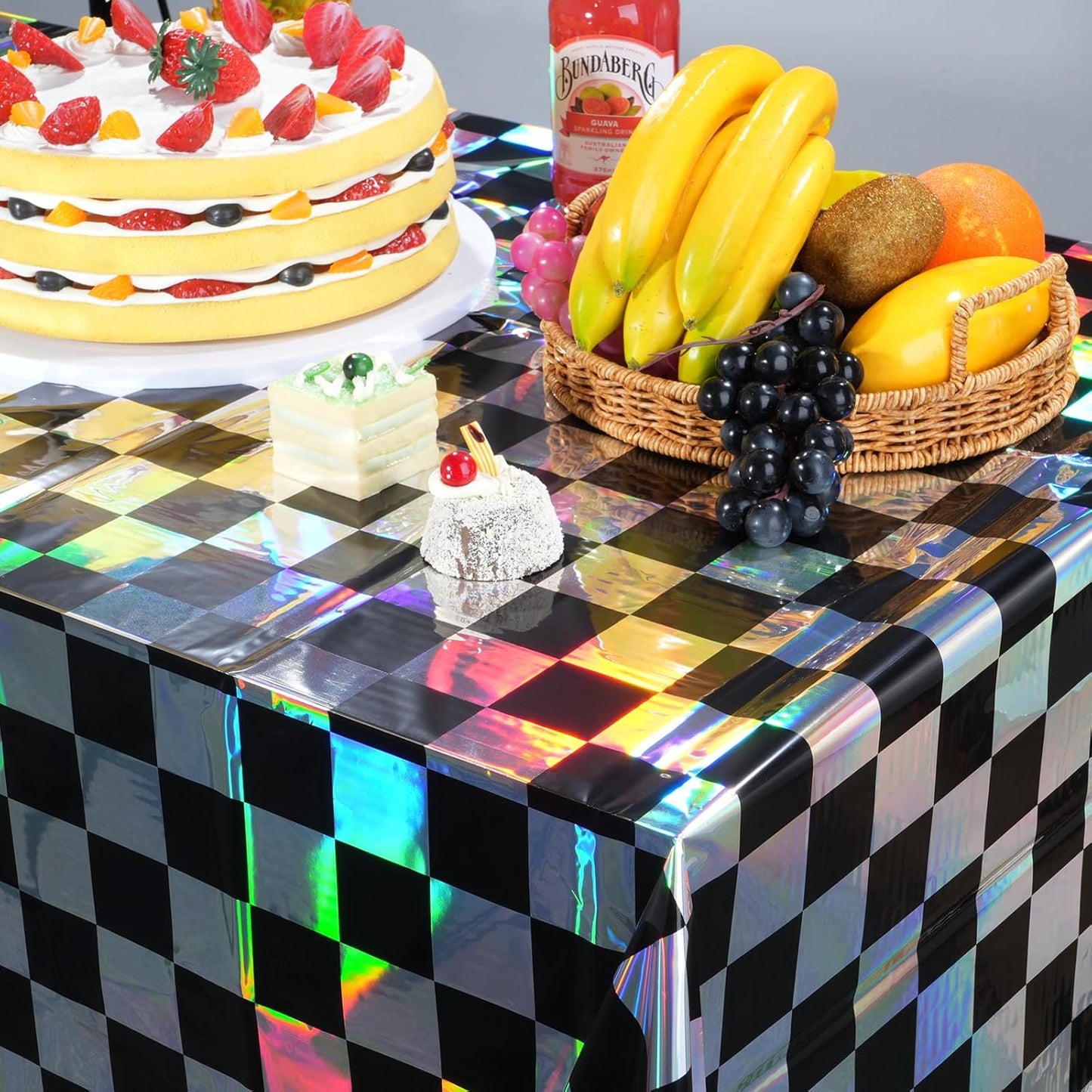 3Pack Black and Iridescent Checkered Plastic Tablecloth, Shiny Disposable Laser Rectangle Table Covers, Holographic Foil Tablecloth Iridescent Party Decorations for Picnic Camping Race Car, 54X108Inch