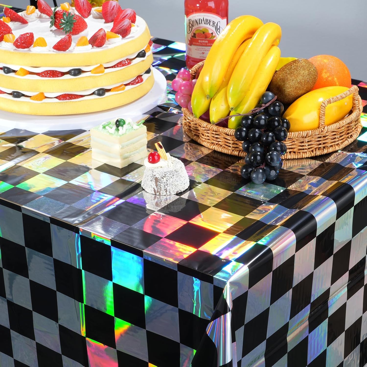 3Pack Black and Iridescent Checkered Plastic Tablecloth, Shiny Disposable Laser Rectangle Table Covers, Holographic Foil Tablecloth Iridescent Party Decorations for Picnic Camping Race Car, 54X108Inch
