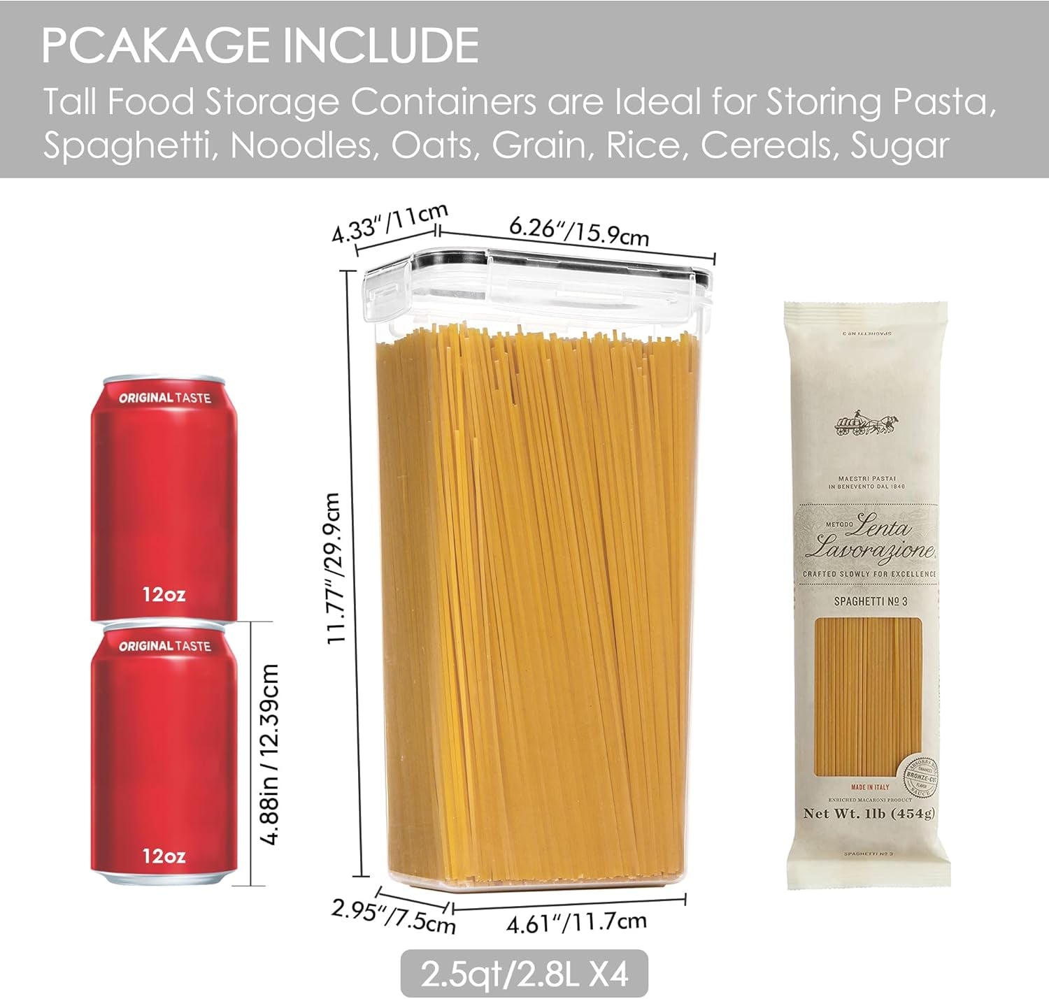 Airtight Food Storage Containers with Lids, 4 PCS 2.8L Pasta Containers for Pantry Organization and Storage, BPA Free Kitchen Canisters for Spaghetti, Flour, Sugar and Noodles, Black