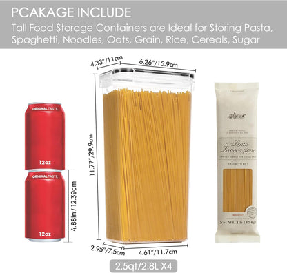 Airtight Food Storage Containers with Lids, 4 PCS 2.8L Pasta Containers for Pantry Organization and Storage, BPA Free Kitchen Canisters for Spaghetti, Flour, Sugar and Noodles, Black