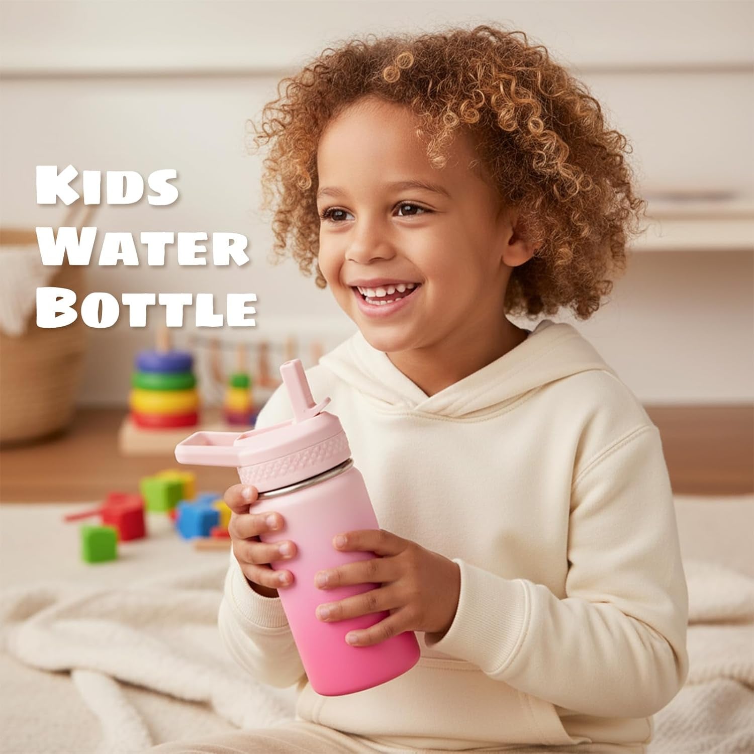 12 Oz Toddler Bottle, Kids Water Bottle for School Boys&Girls with Straws Lids, 304 Stainless Steel Vacuum Insulated Thermos, Bpa-Free, Blue Black + Cherry Blossom