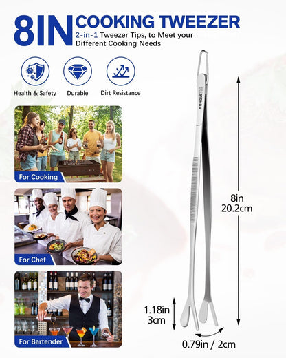 Fine Long Tweezer Tongs Professional Black, 8-Inch Stainless Steel for Kitchen, Food, Cooking, Repairing, Sea Food and BBQ (SILVER)