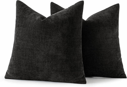 Set of 2 Chenille Decorative Throw Pillow Covers - Soft Textured Cushion Covers in Solid Black for Couch, Sofa, and Bedroom, 20x20 Inches