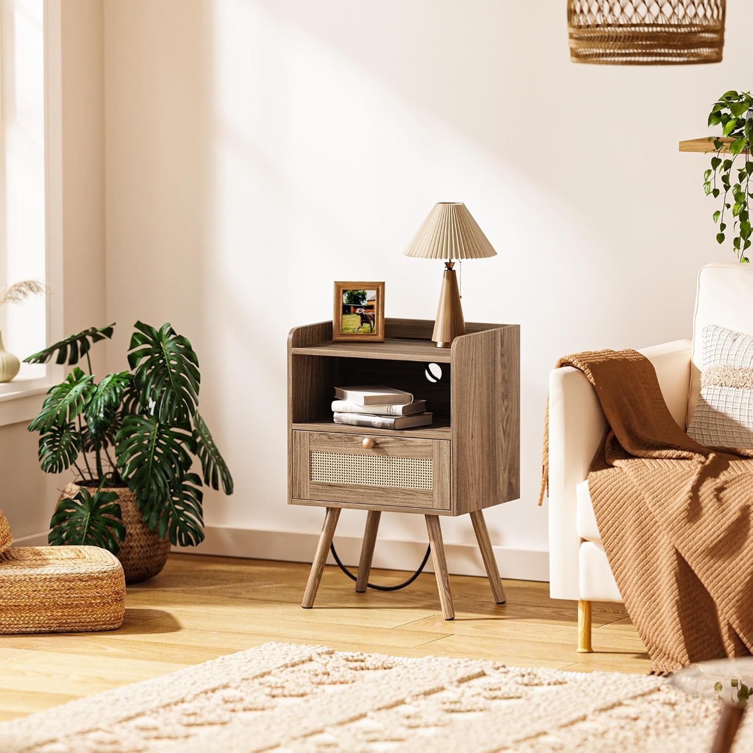 Walnut Nightstand with Integrated Charging Station and Rattan-Style Drawer, Solid Wood Legs, Open Storage Design for Bedroom, Living Room, and Dormitory
