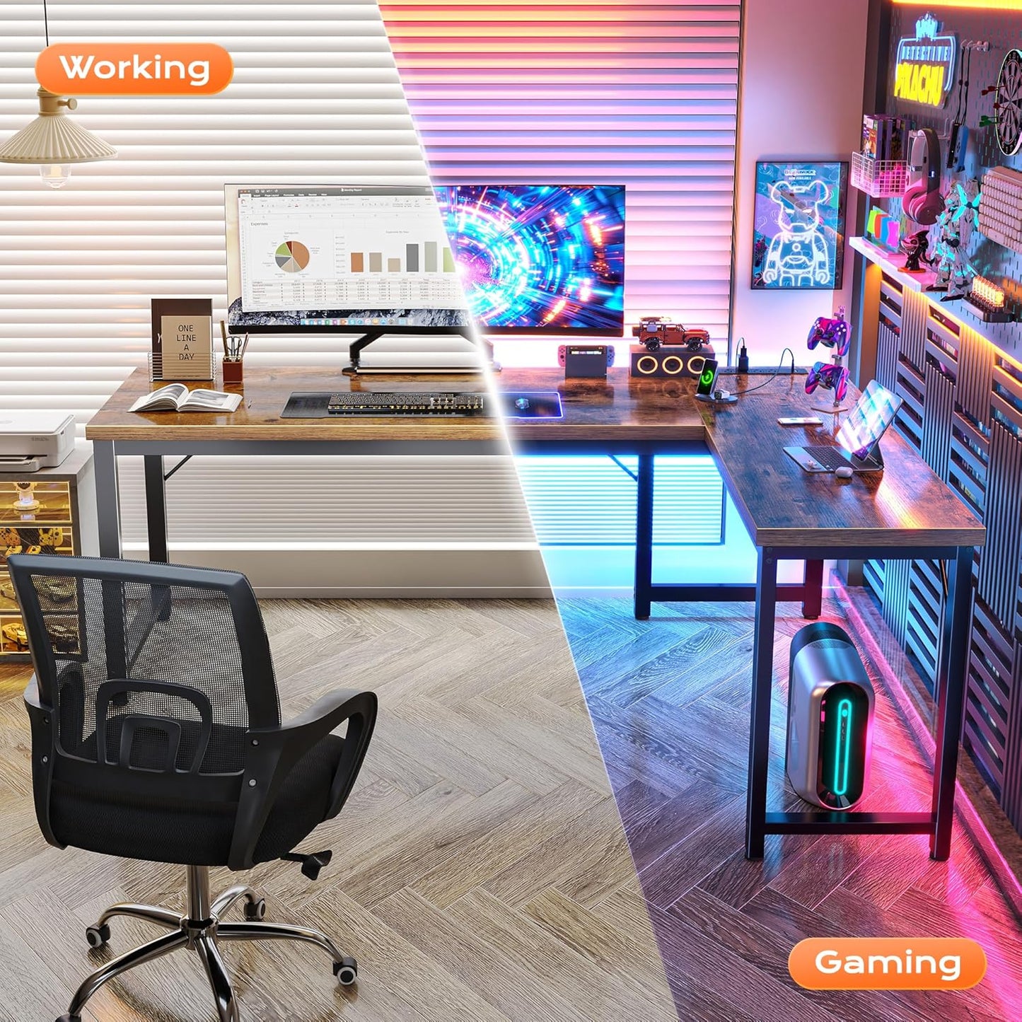 63-Inch L-Shaped Desk with Integrated Power Outlets and USB-C Port, Enhanced 0.95-Inch Desktop Thickness, Reversible Design, Spacious Corner Gaming and Office Desk, Sturdy Metal Frame, Rustic Brown Finish for Home Office and Study