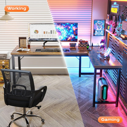 63-Inch L-Shaped Desk with Integrated Power Outlets and USB-C Port, Enhanced 0.95-Inch Desktop Thickness, Reversible Design, Spacious Corner Gaming and Office Desk, Sturdy Metal Frame, Rustic Brown Finish for Home Office and Study