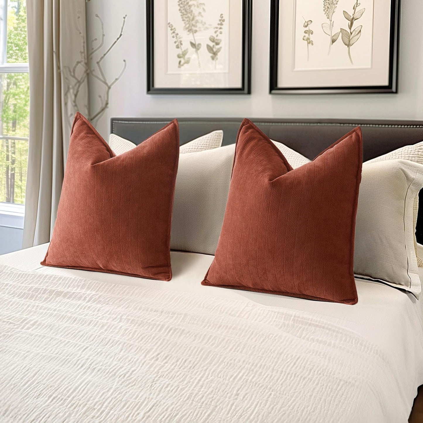 Pack of 2 Rust Decorative Pillow Covers 18X18 Inch Fall Soft Chenille Luxurious Couch Throw Pillows Farmhouse Cushion Covers with Elegant Design for Sofa Bedroom Living Room Home Decor