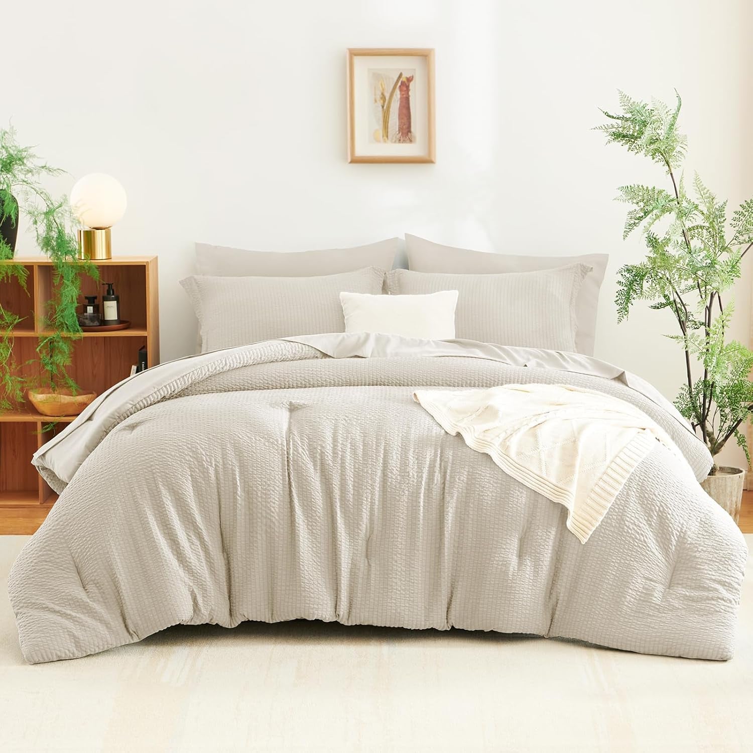 Queen Comforter Set - 7 Pieces Seersucker Bed in a Bag, Soft Lightweight Boho Bedding Set with All Season Comforters Queen Size, Sheets, Pillowcases & Shams, Beige Queen
