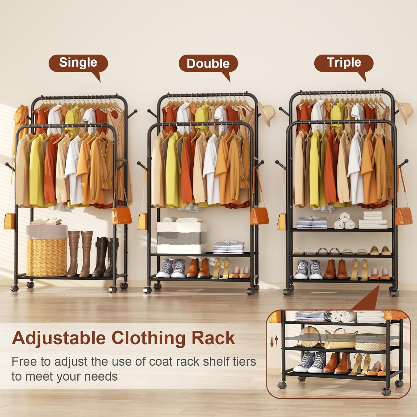 Clothes Racks for Hanging Clothes, Portable Rolling Garment Rack, Sturdy Metal Freestanding Cloths Racks with Wheels, Double Rods Wardrobe Rack for Bedroom Laundry Living Room
